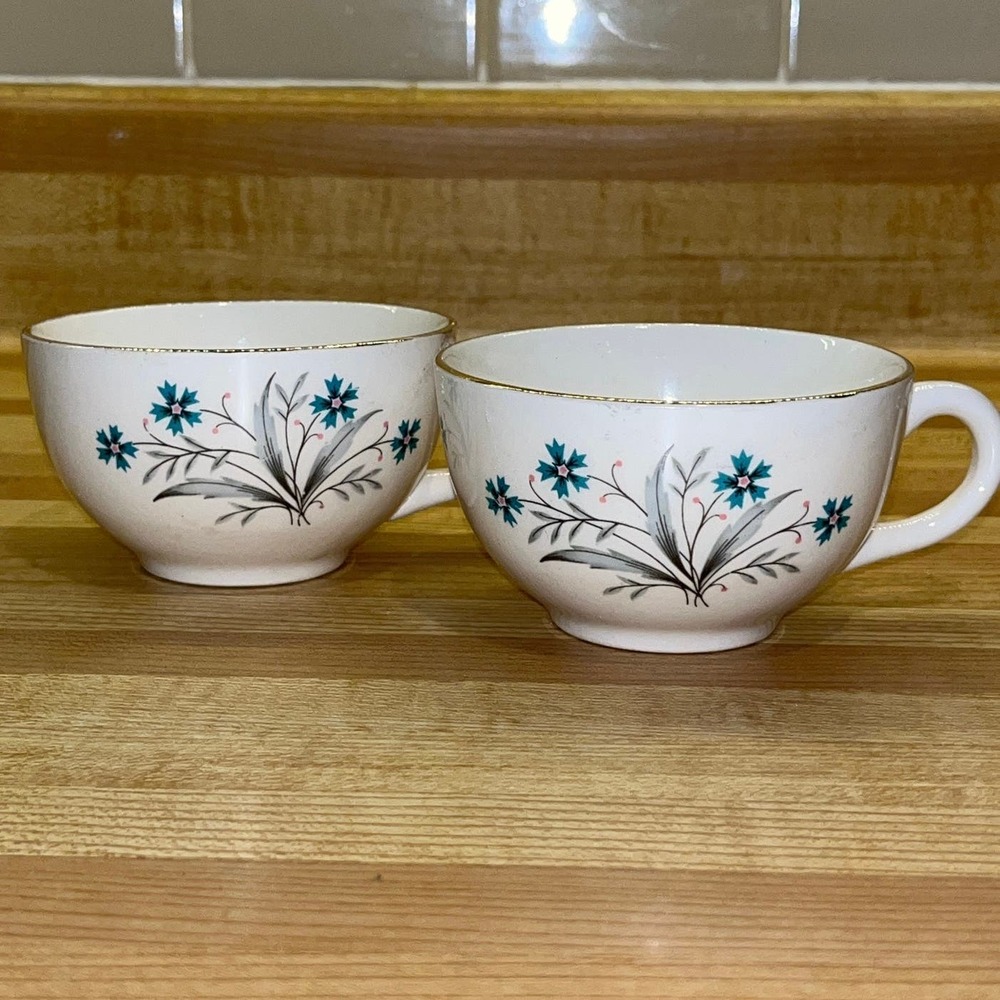 Set of 2 Teal Cornflower Tea Cups Gold Rims